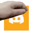 a close up of a person 's hand holding an orange square with a discord logo on it .