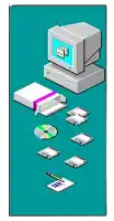 a pixel art illustration of a computer with a cd and a pencil .