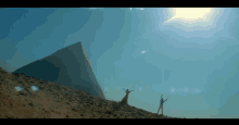 a group of people standing in front of a pyramid in the desert