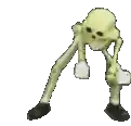 a skeleton is standing on its hind legs and holding something in its hands .