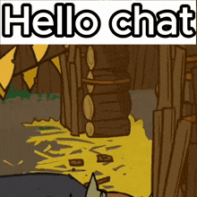 a cartoon scene with the words hello chat on the top