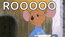 a cartoon mouse is holding a cup of coffee and the word roooo is on the bottom