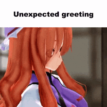 a picture of a girl with red hair and the words unexpected greeting above her