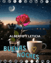 a cup of coffee and a glass of water with a rose in it