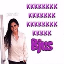 a woman in a white shirt is standing next to a refrigerator and a purple balloon .