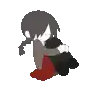 a pixel art of a girl sitting on the floor hugging a person .