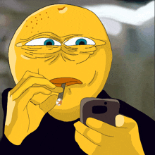 a cartoon smiley face is smoking a cigarette while looking at his phone