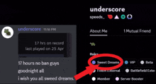 a screenshot of a discord conversation between underscore and speeds with an arrow pointing to sweet dreams