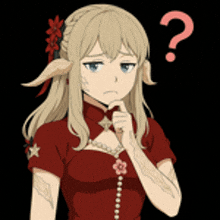 a girl in a red dress has a question mark on her head