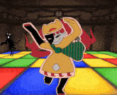 a cartoon drawing of a girl dancing on a colorful floor