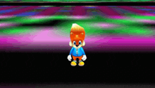 a cartoon squirrel in a blue shirt is standing in front of a colorful background