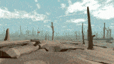 a computer generated image of a desert landscape with trees