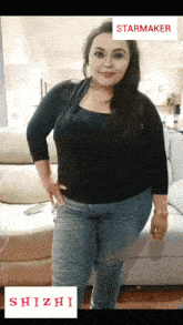 a woman is standing in front of a couch with a starmaker logo on the bottom right