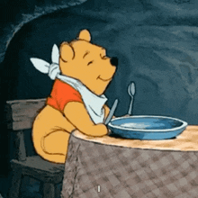 winnie the pooh is sitting at a table with a plate and spoon .