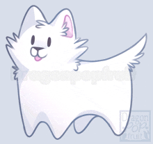 a drawing of a white dog with a dragonpopfruit logo in the corner