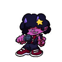 a cartoon character with purple hair and a yellow star on his head is holding a microphone