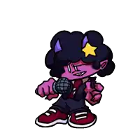 a cartoon character with purple hair and a yellow star on his head is holding a microphone