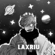 a black and white drawing of a person with the name laxriu