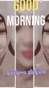 a woman is wearing a hijab and smiling with the words `` good morning '' .