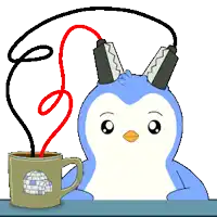 a penguin is sitting next to a cup of coffee with a red and black cord coming out of it