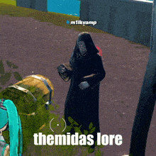 a grim reaper standing next to a treasure chest with the words themidas lore below him