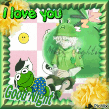 a picture of a boy with a frog on his back that says good night