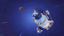 a cartoon character with blue hair and blue eyes is wearing a hat