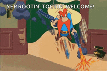 a cartoon character is holding a gun and says yer rootin ' tootin ' welcome