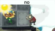 a cartoon of a zombie standing next to a sunflower with the word no below it