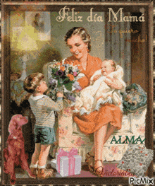 a picture of a woman holding a baby and a boy giving her flowers and a gift