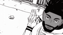 a black and white drawing of a man with a beard holding his hands together .