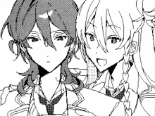a black and white drawing of two anime characters in school uniforms and ties .