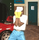 a man wearing a white hat and yellow gloves stands in front of a sign that says tapping
