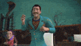 a man with a mustache is holding a piece of paper in his hand .