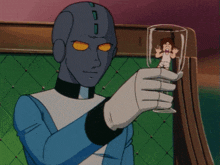a cartoon character is holding a glass with a small figure inside of it