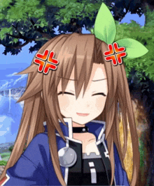 a brown haired anime girl with a green leaf in her hair making a funny face