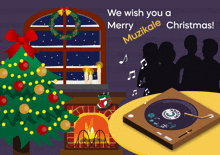 we wish you a merry muzikale christmas with a christmas tree and fireplace