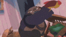 a cartoon character is holding a parrot in his hand while sitting on a chair .