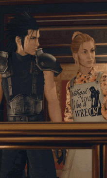 a woman wearing an apron that says " without you i 'll be a wreck "
