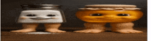 a salt and pepper shaker and a jar of honey are standing next to each other on a wooden table .