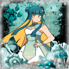 a picture of a girl with blue hair and a yellow cape is displayed on picmix