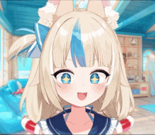 a girl with blonde hair and blue eyes is wearing a sailor suit