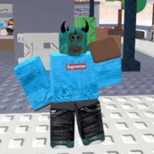 a cartoon character wearing a blue supreme sweater
