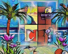 a painting of palm trees and flowers with a sign that says " interview "