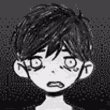 a black and white drawing of a boy with short hair and a sad look on his face .