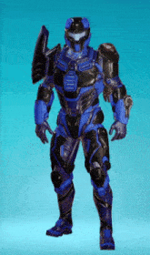 a blue and black futuristic soldier with a helmet
