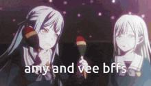 two anime girls are holding maracas and the words amy and vee bffs are above them