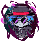 a cartoon character with blue hair wearing a black hat and sunglasses