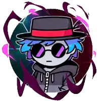 a cartoon character with blue hair wearing a black hat and sunglasses