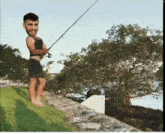 a man with a big head is holding a fishing rod in front of a body of water